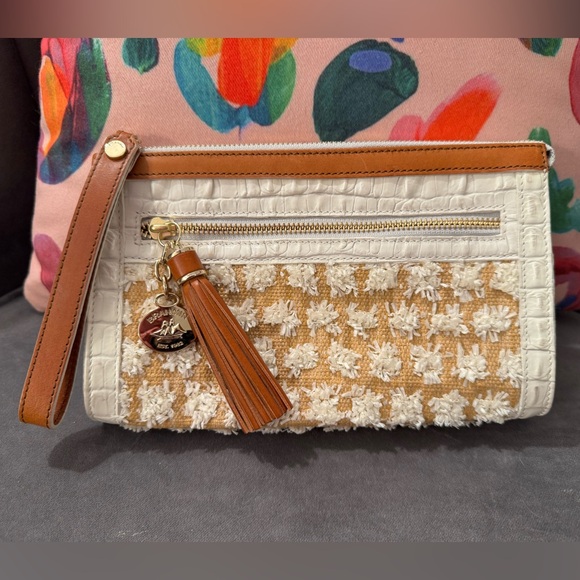 Brahmin Straw and Leather Millie Wristlet Clutch (White Tan) NWOT